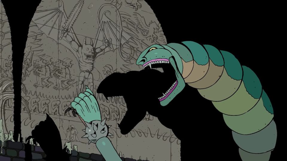 A snake (?) opens its jaws wide and leans towards a hand of the same colour, which may also belong to the snake.