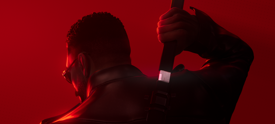 Key art for Marvel's Blade, showing Blade facing away while withdrawing a sword from a scabbard on his back