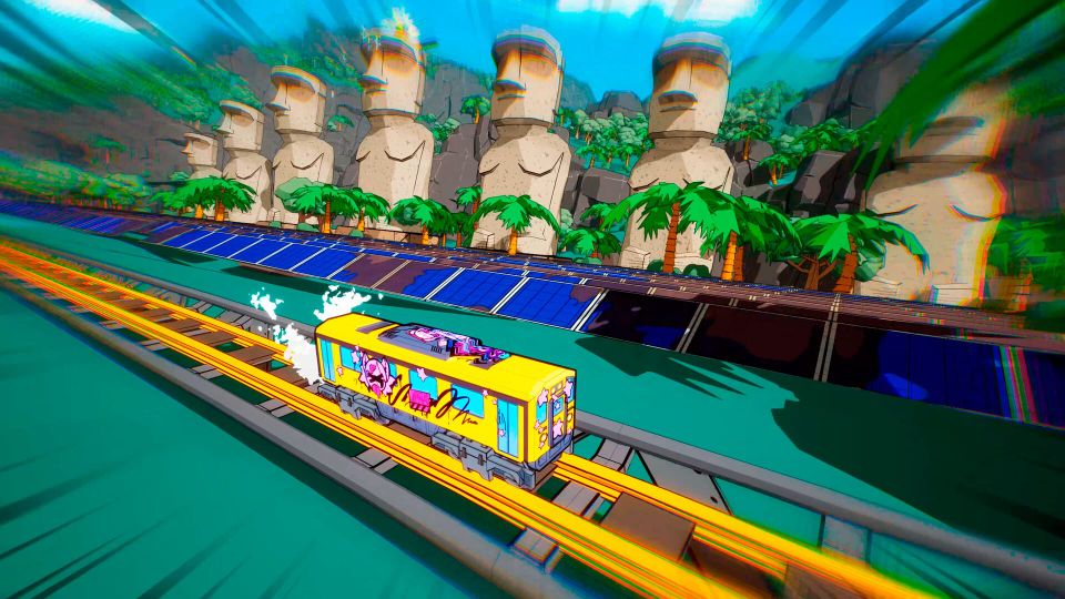 A train on a track whizzes past some Easter Island head statues.