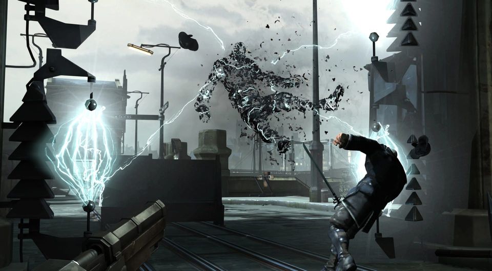 A body is zapped to dust in midair by an electric wall in Dishonored, as a nearby guard reels backwards.