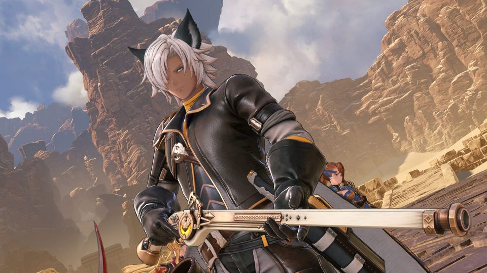 A cat boy dressed in leather holding some sort of steampunk rifle.