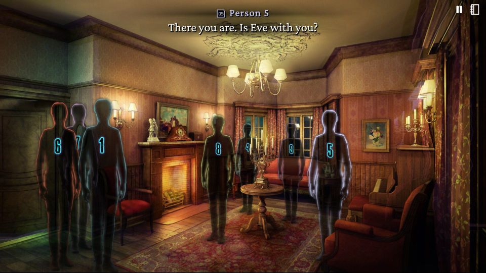 A fancy but old fashioned sitting room with a fireplace. A bunch of silhouette figures stand around, each numbered.