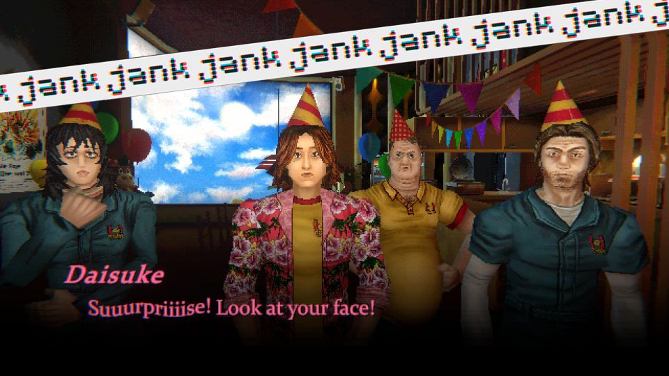 The crew from Mouthwashing face the player in birthday hats, saying "Surprise! Look at your face!"