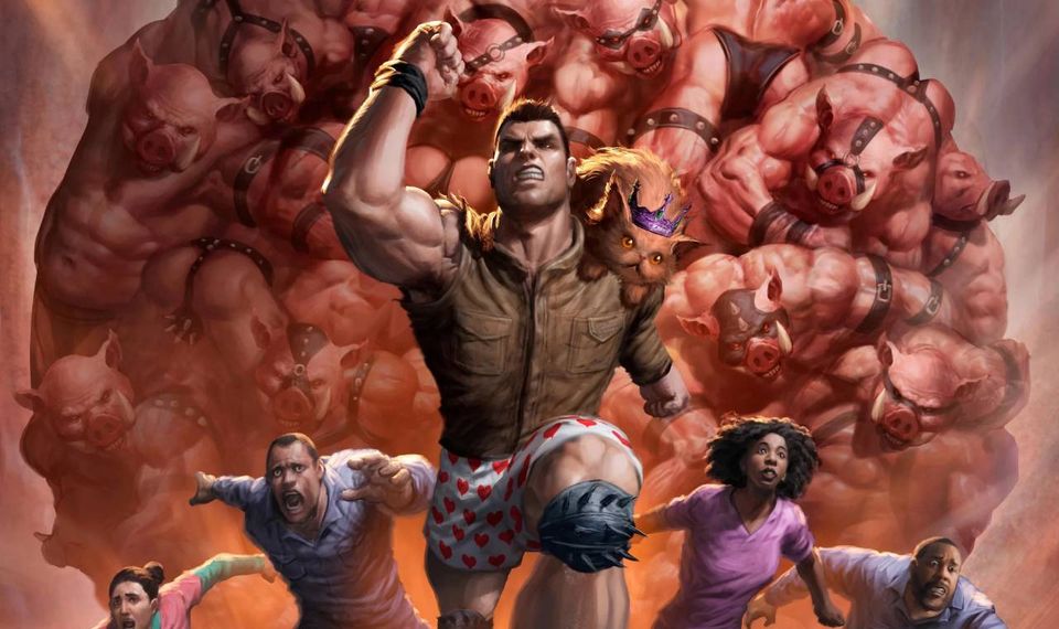 An illustration of Dungeon Crawler Carl, in which Carl runs away from a boulder made of pigs.