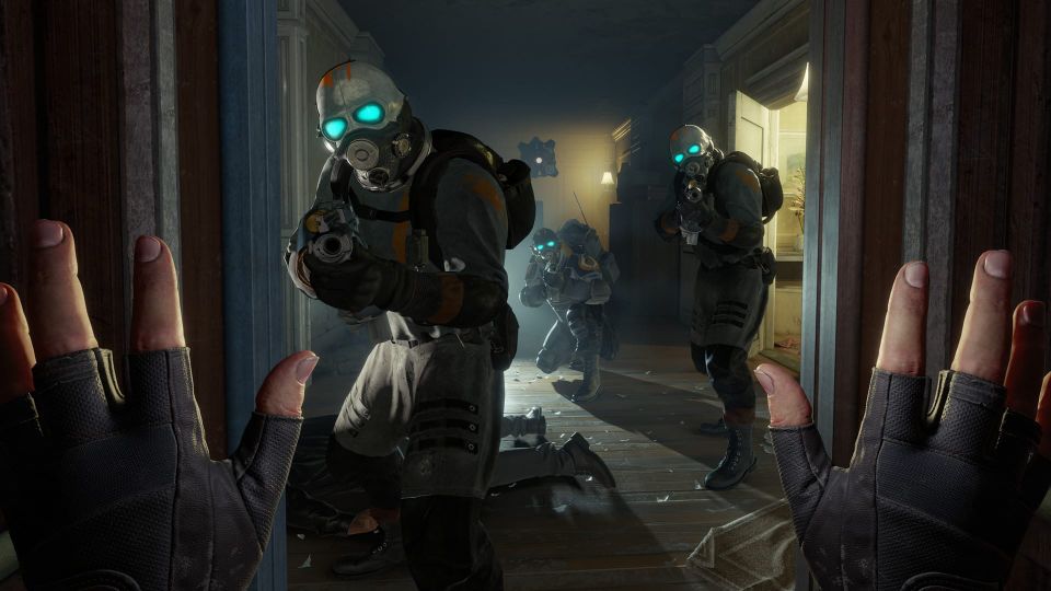 Three gas masked soldiers point their guns at the player, whose hands in fingerless gloves are raised.