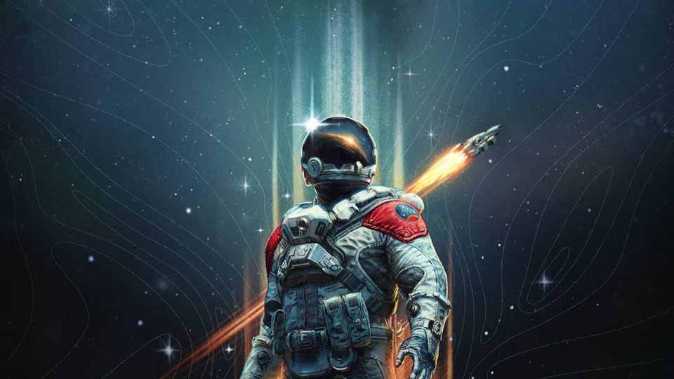 Key art from Starfield showing an astronaut with a spaceship behind them