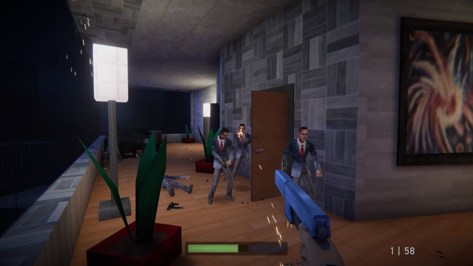 Men in suits run through a door in a modern house and one fires at the player, who is holding a pistol.