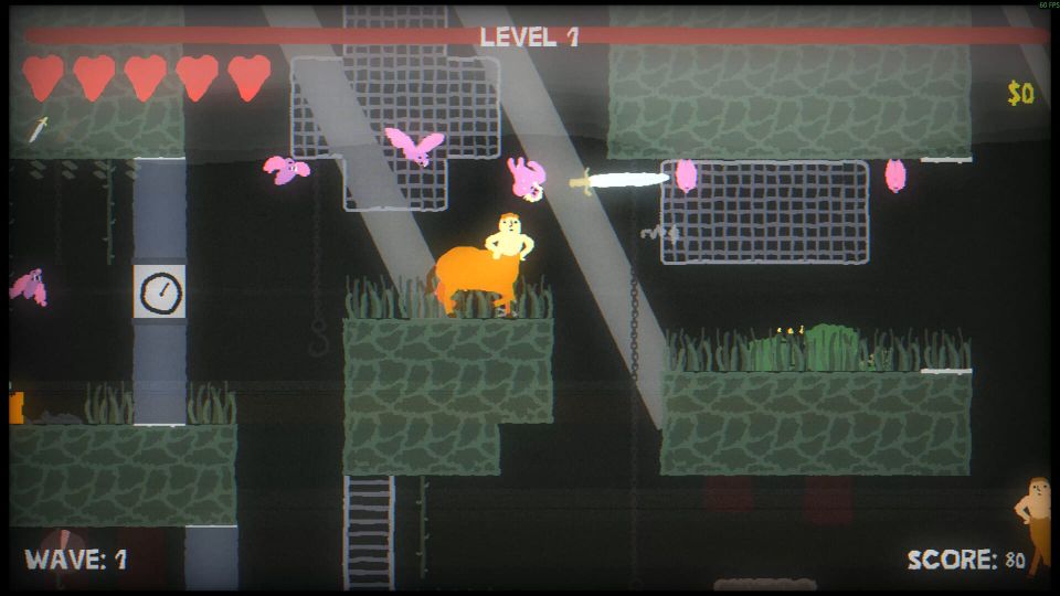 A unicorn, hands on his hips, in a 2D environment of grey blocks.