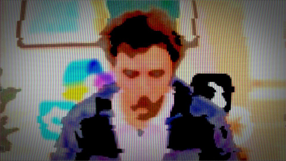 A figure obscured by digital noise slouches facing the viewer, behind him are the obscured logos of various AI tools. 
