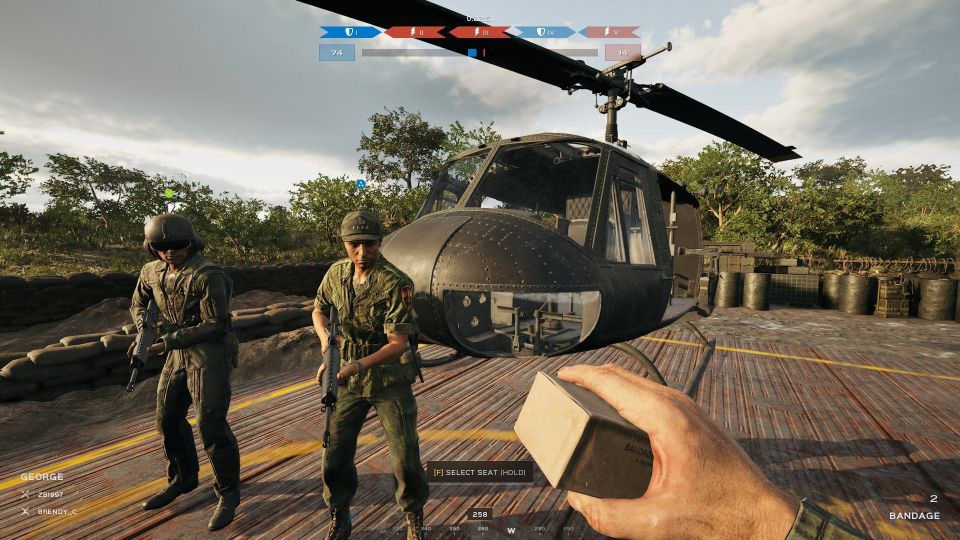 A pilot and a commanding officer stand in front of a helicopter while the player looks on with a bandage in his hands.