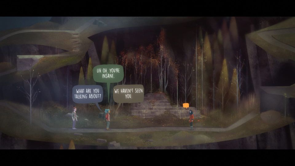 A screenshot of Oxenfree, showing two characters in conversation with another in a wooded area next to the remains of a wall.