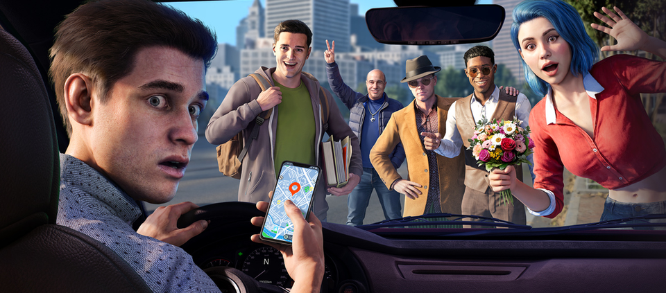 Key art for Rideshare "Stimulator" showing a rideshare driver in the driver's seat holding a phone with a maps app, looking over his shoulder with a troubled expression. 