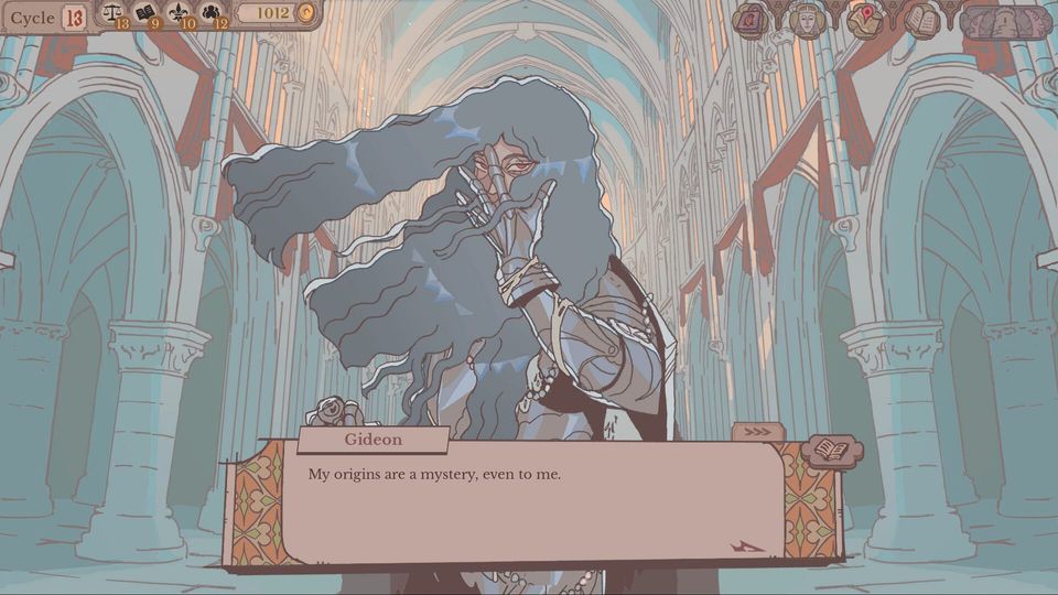 "My origins are a mystery, even to me," says Gideon, a knight, with long pale blue hair, standing in an atrium.