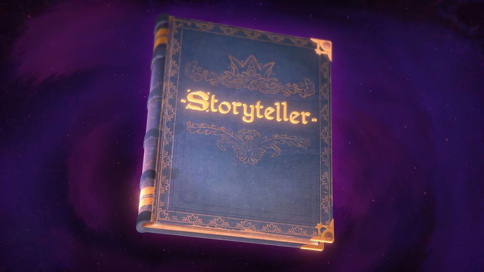 A big purple and gold bound book called Storyteller, from off the game Storyteller by Daniel Benmergui