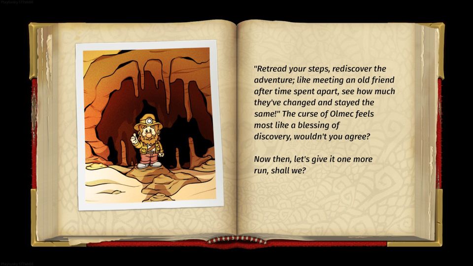 A journal showing a polaroid of Guy Spelunky in a cave and some text about going on an adventure.