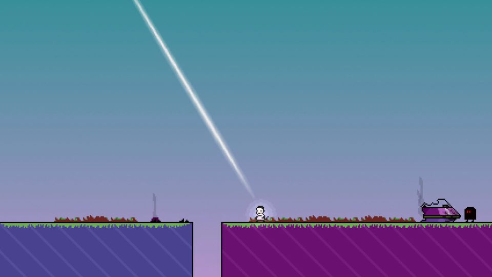 The player in Knytt casts a beam to the next item, while standing next to the smashed spaceship that kidnapped them.