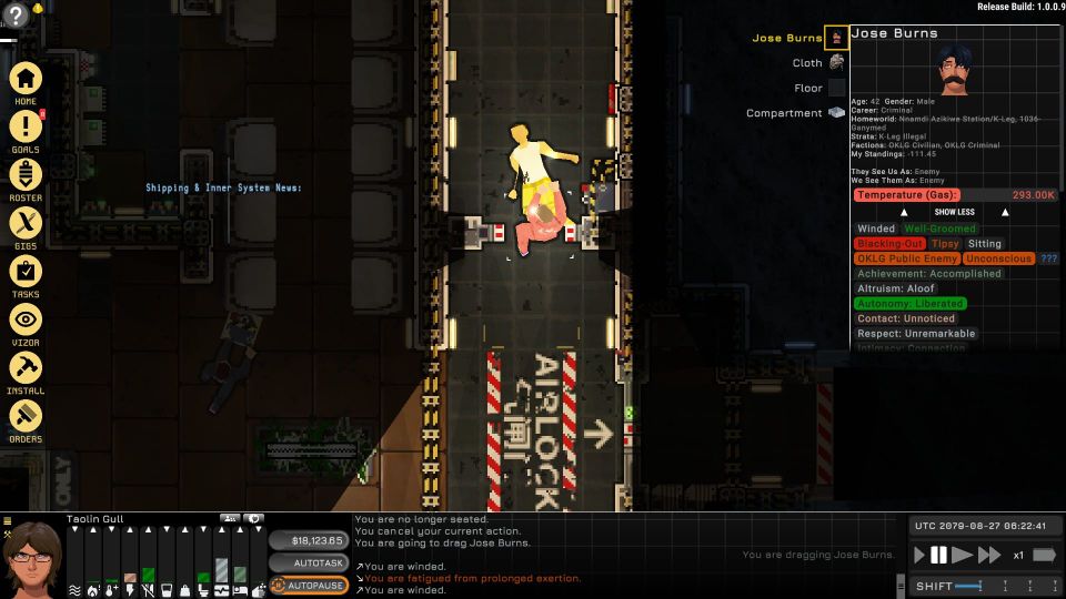Top down, tile-based space station. I am dragging a body down a corridor, towards paint on the floor reading "AIRLOCK"