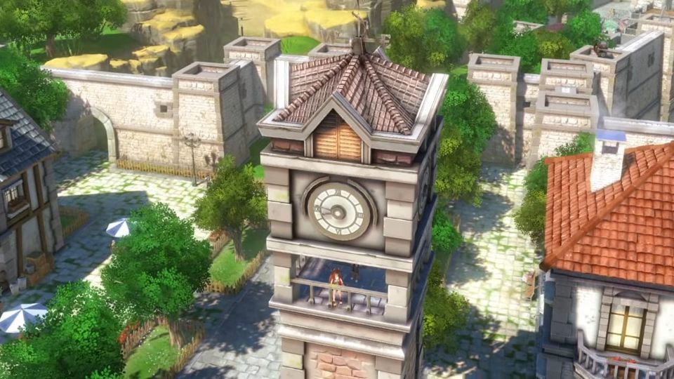 The lead characters standing at the top of a clocktower in Trails In The Sky 1st Chapter. It's a sunny day in a quaint old town.