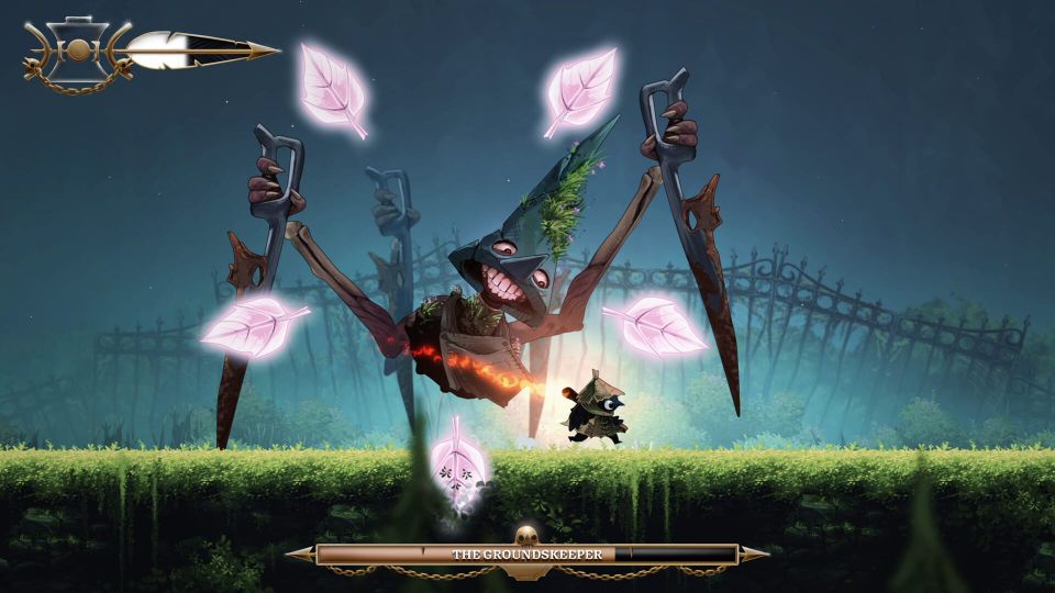 A skeletal, pointy-headed spider guy with knives grins at the player with malicious intent, viewed from a side-on perspective.