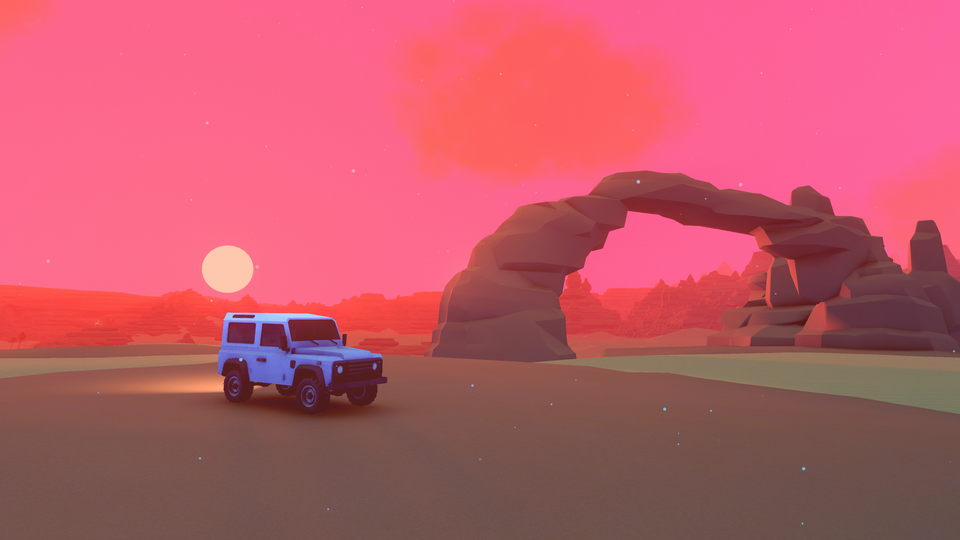 A Landrover in a desert at sunset, with a rock arch behind it.