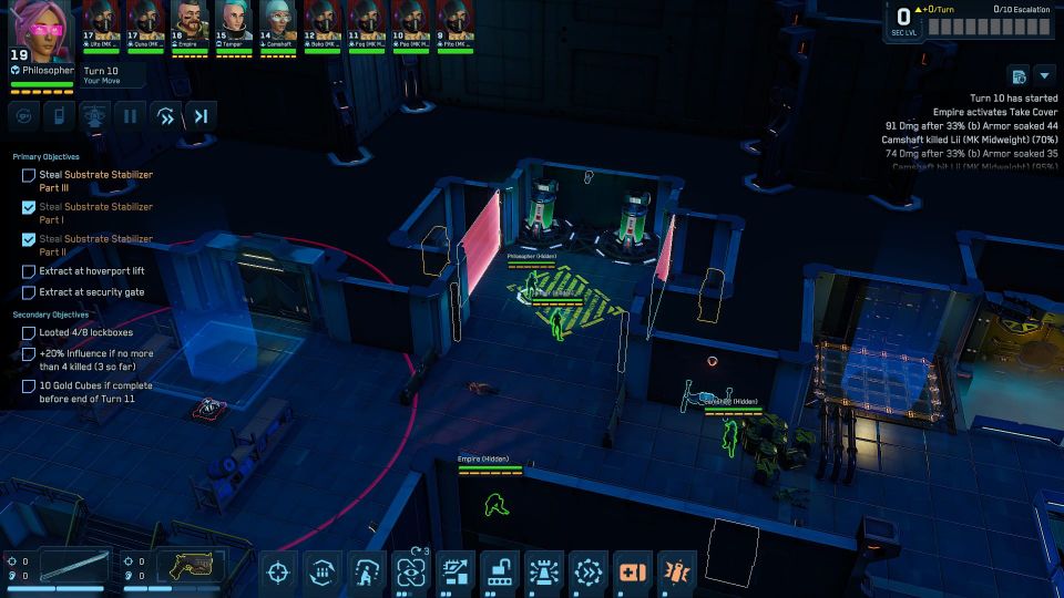 A topdown view of a building space in shades of blue, with green outlined people milling around. The interface has many buttons.