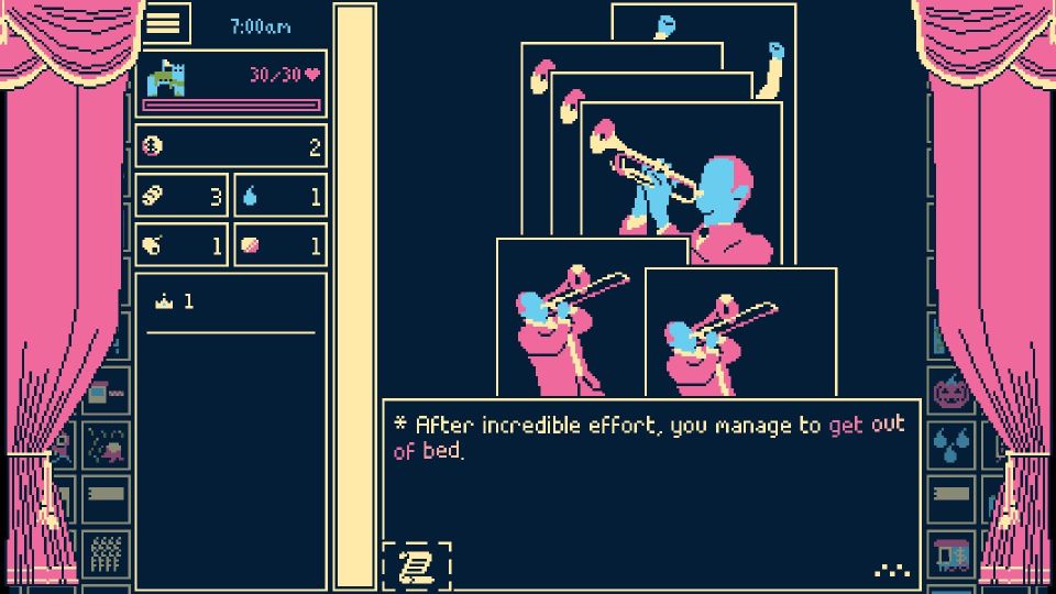 Some blue men play trombones. "After incredible effort, you manage to get out of bed," says the text.