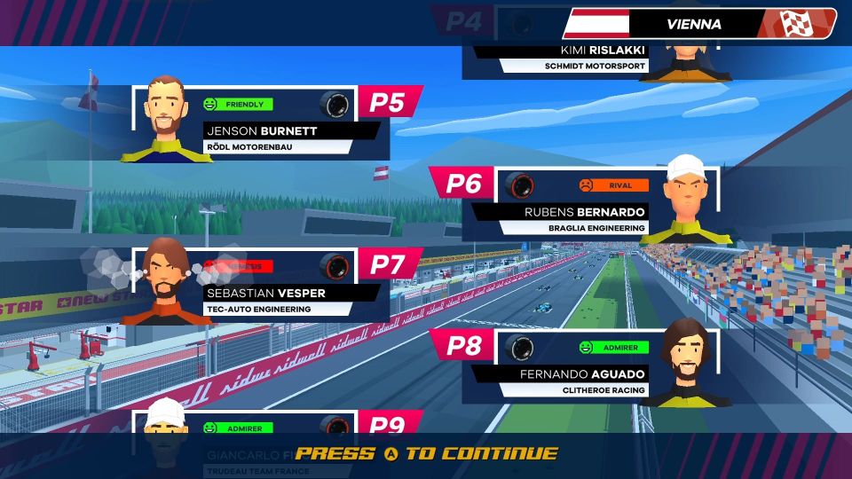 A line-up of race drivers on a Grand Prix grid, with smoke billowing from the ears of one called Sebastian Vesper.