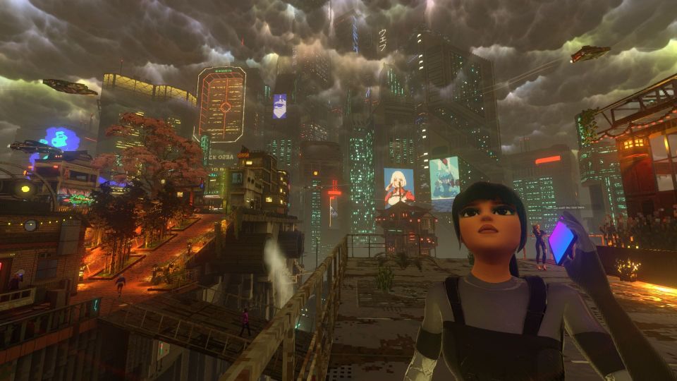 A woman answers her mobile phone on a walkway overlooking the skyline of a cyberpunk city with roiling skies. 