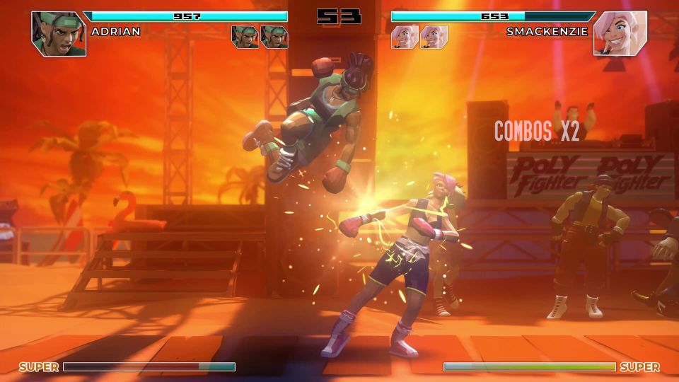 One person jumps in the air and does a big downward punch at another, against a red sky.