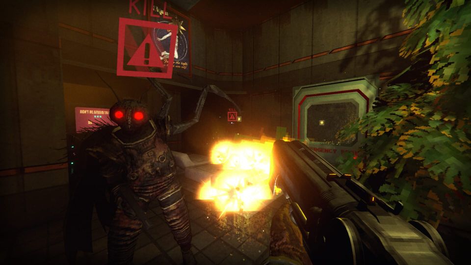 A sort of rusting insectoid creature gets blasted by the player's shotgun, don't worry, it says "KILL" above their heads so you know it's allowed.