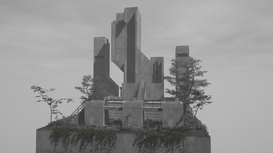 A brutalist building with three spires surrounded by vines and trees.