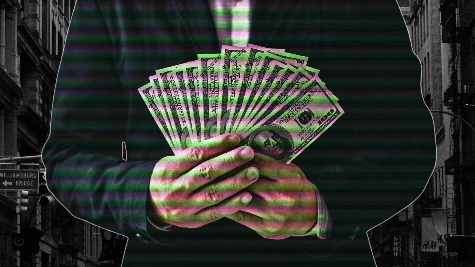 Illustration of a suited figure holding a large bag of money representing state pension fund control