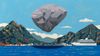 A hand-made illustration of a giant boulder hanging over a coastal town surrounded by mountains in Alaska.