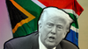 In a composite image, President Donald Trump is seen in front of a South African flag.