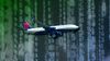 In a composite image, a Delta Air Lines jet flies through a sky of descending numbers.