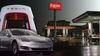 An edited composite of a Tesla vehicle and charging station facing an Exxon gas station.