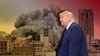 In a composite image, Donald Trump is seen in front of an explosion in Tehran, Iran.