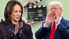 In a composite image, Kamala Harris and Donald Trump are seen in front of a film slate that says "Slobs vs. Snobs"