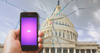 A composite image shows a phone with Lyft open on it in front of a shattered Capitol Building