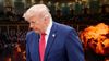 In a composite image, President Trump is seen before a session of Congress and an explosion.