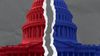 A surreal composite image of the U.S. Capitol building torn in half like paper. One half is red and one half is blue.