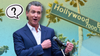 A composite image of Gov. Gavin Newsom in front of the Hollywood Boulevard sign in L.A.