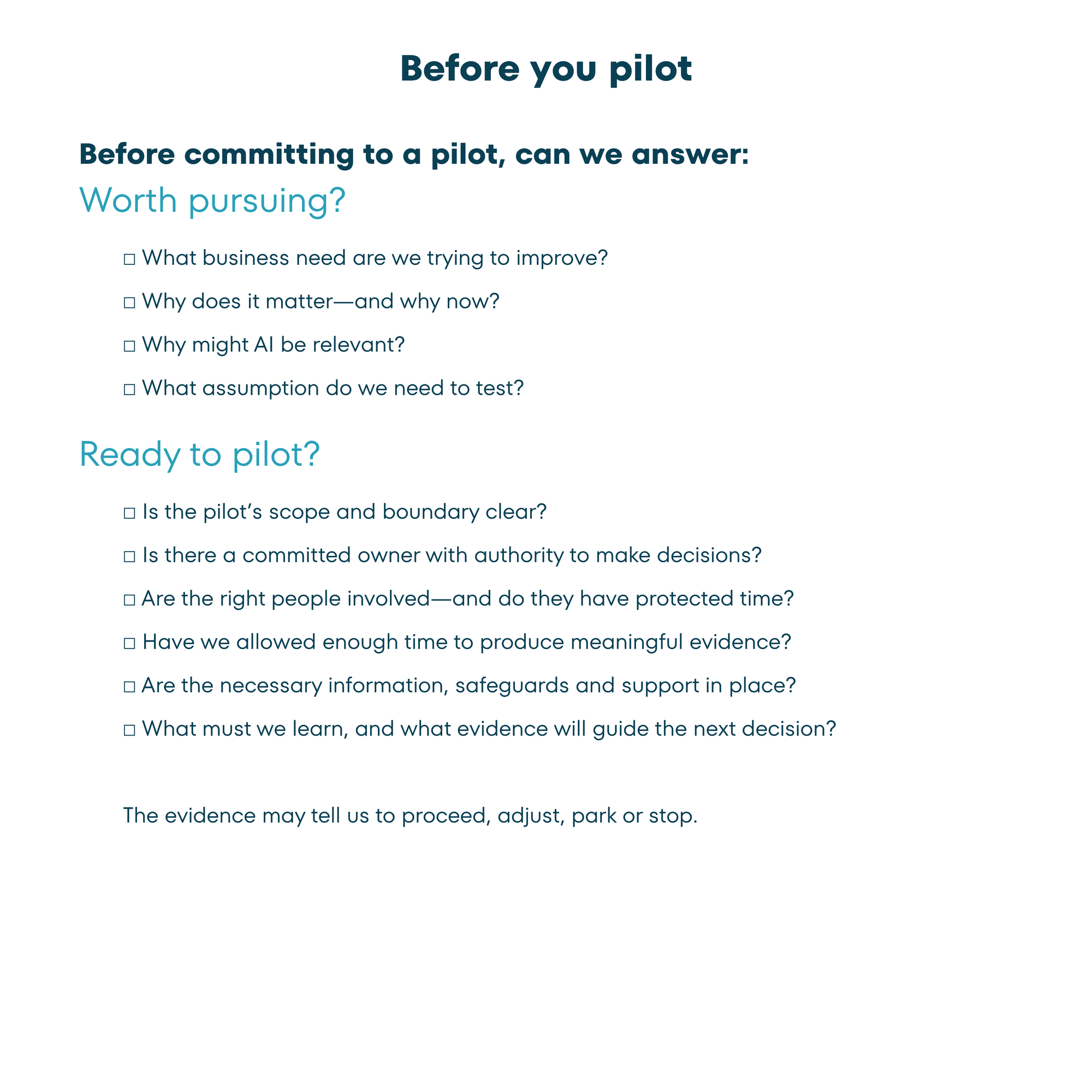 Checklist asking whether an AI use case is worth pursuing and whether the business has the scope, ownership, people, time, safeguards and evidence needed for a supported pilot.