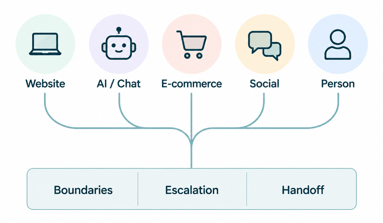 Customer service channels including website, AI/chat, e-commerce, social and people supported by boundaries, escalation and handoff.