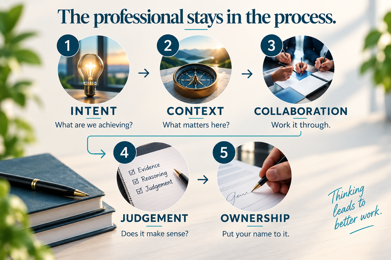 Five-part professional AI process: Intent, Context, Collaboration, Judgement and Ownership.