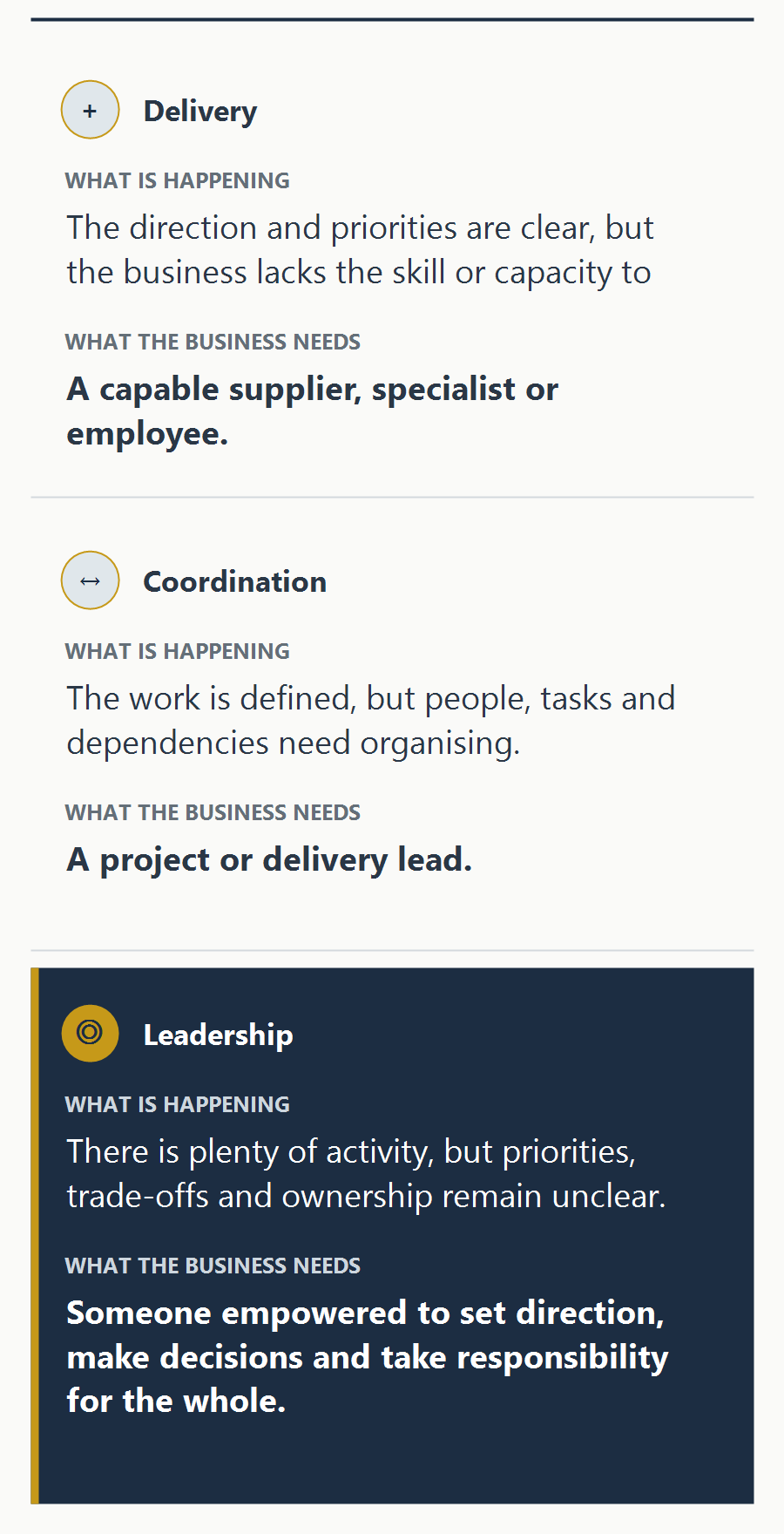 Comparison of delivery, coordination and leadership gaps, showing what is happening and what kind of help the business needs.