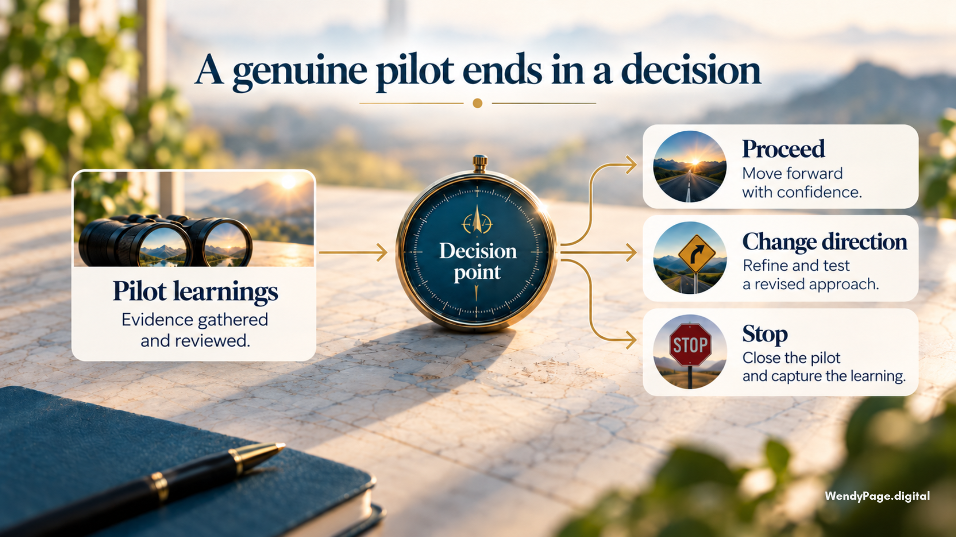 Pilot learnings leading to a decision point with three outcomes: proceed, change direction or stop.
