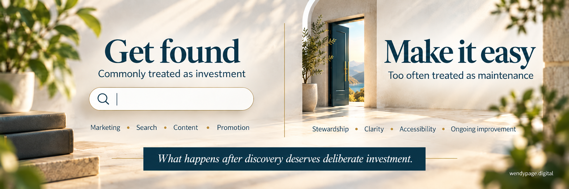 Two-part graphic contrasts getting found, commonly treated as investment, with making it easy to do business, too often treated as maintenance. An open doorway represents easier access, with a call for deliberate investment after discovery.