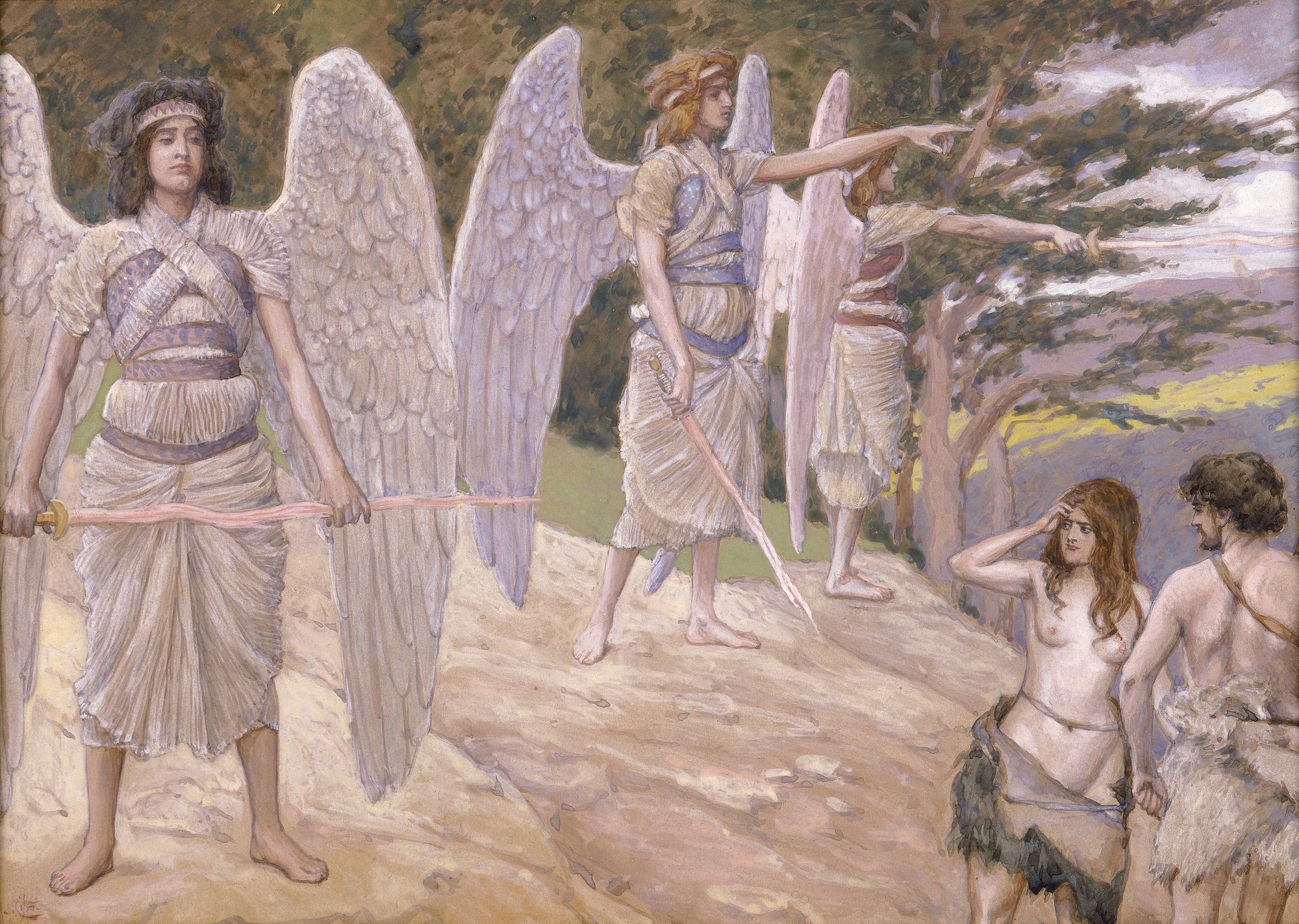 Adan y Eva expulsados del Jardín del Eden  de James Jacques Joseph Tissot. En esta pintura se retrata el momento exacto de la explusión de Adán y Eva del Jardín del Eden
