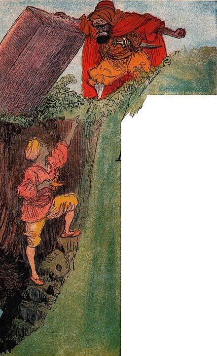 El Hechicero atrapa a Aladino en la cueva mágica. Ilustración de Albert Robira del libro Imagerie merveilleuse de l'Enfance.